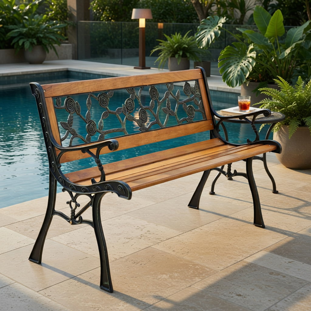 Hommoo 49.5" Cast Iron & Solid Wood Outdoor Garden Bench, Patio, Porch, or Yard Seating, Black + Natural
