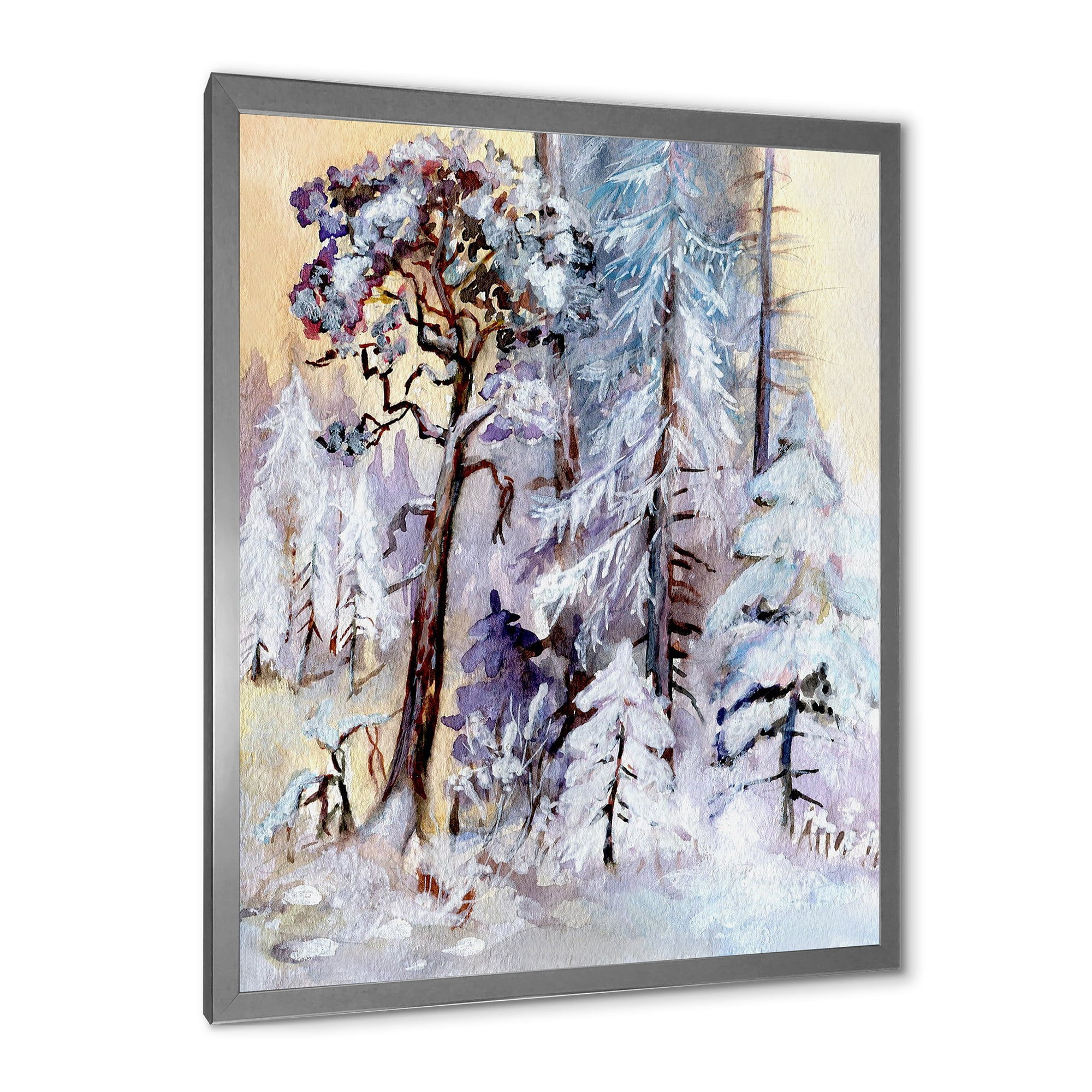 Designart 'The Lake With Winter Snowy Forest' Lake House Framed Art Print