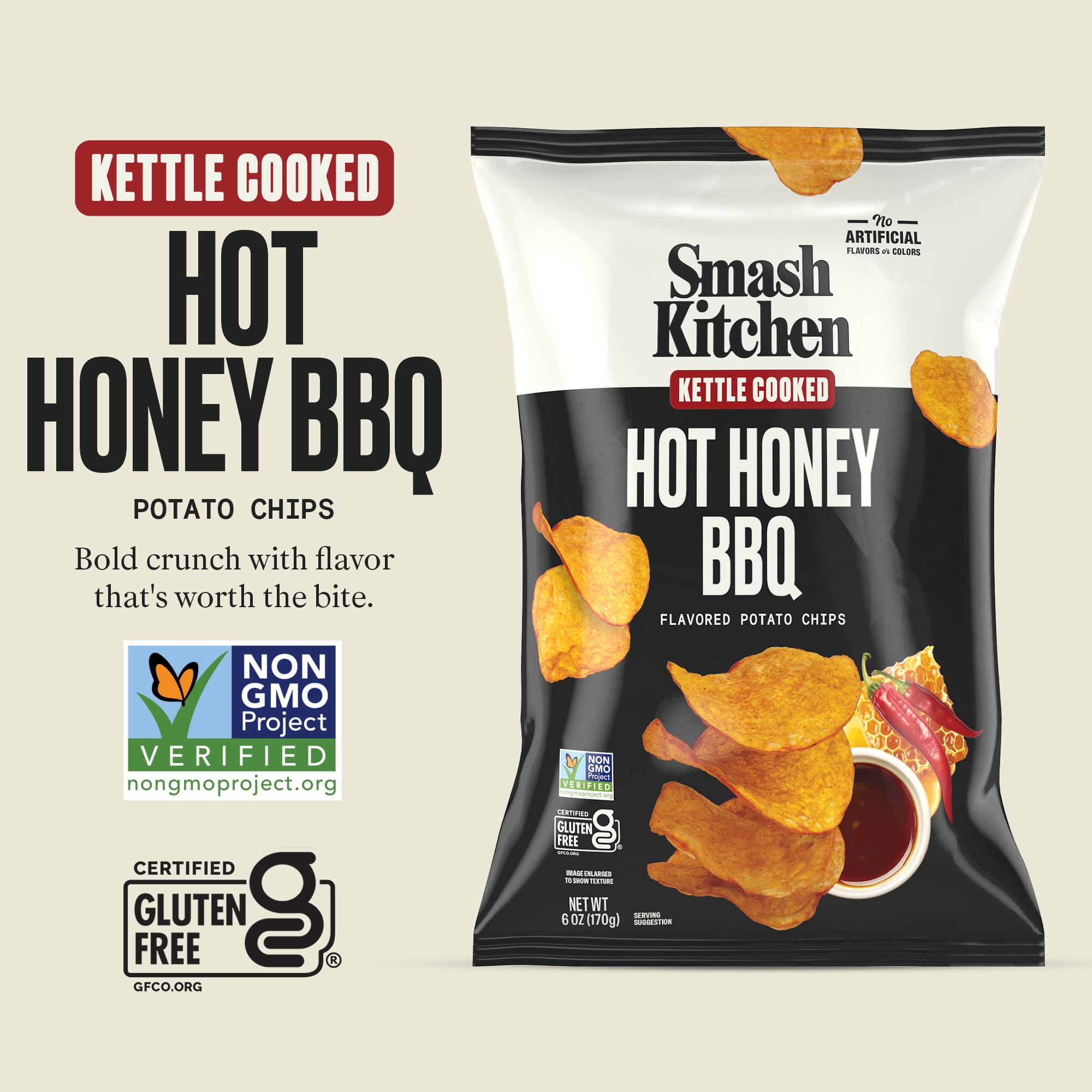 (6 pack) Smash Kitchen Hot Honey BBQ Non-GMO Kettle Chips, 6 oz