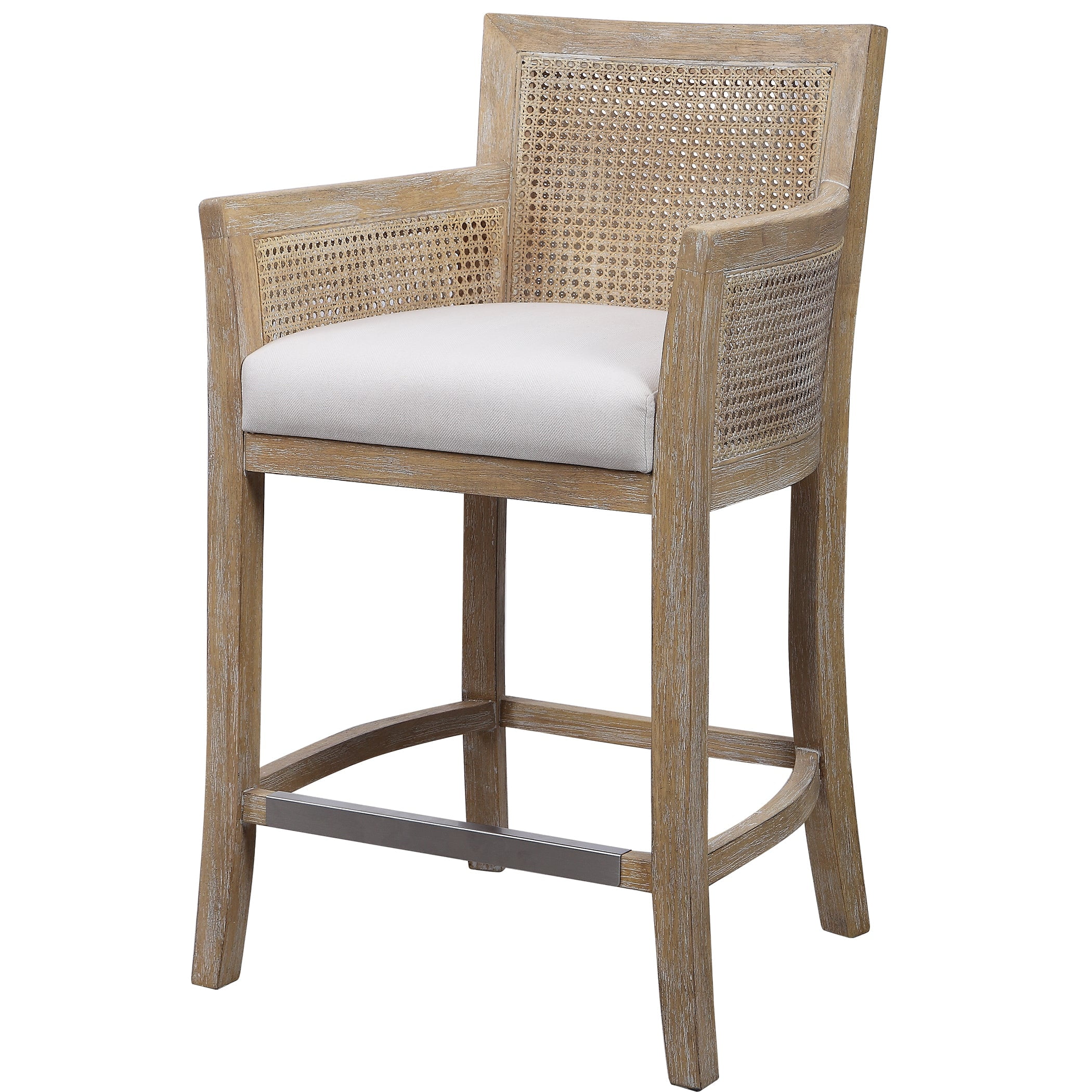 Coastal White Wood and Metal Counter Stool with Off-White Cushion