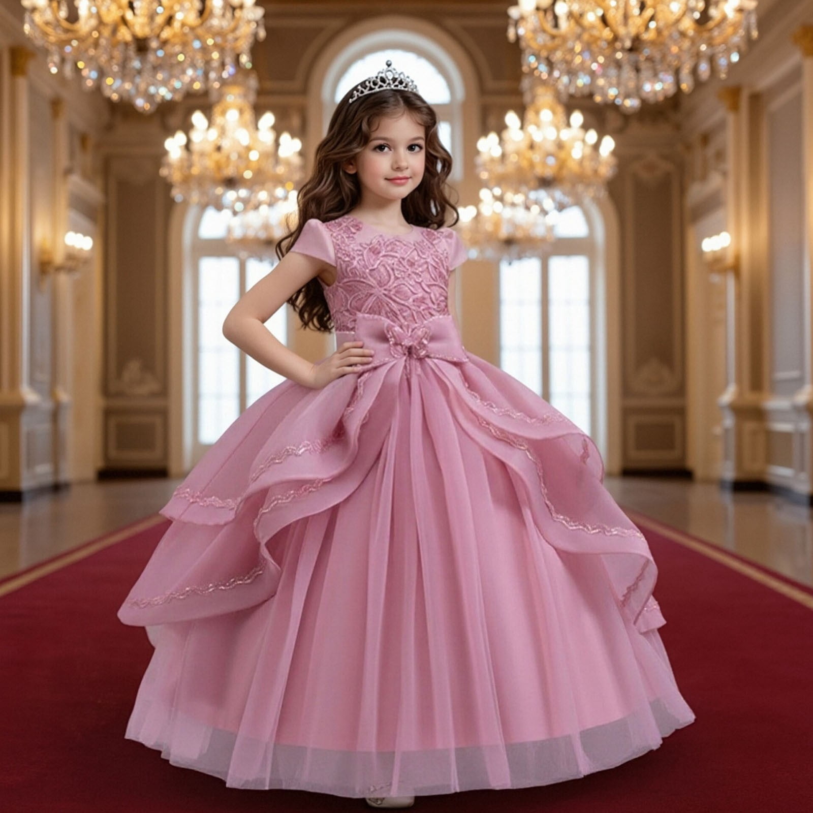 Girls' Dress with Sequins and Floral Embroidery Formal Party Dress Princess Puffy Dresses for Children Gown