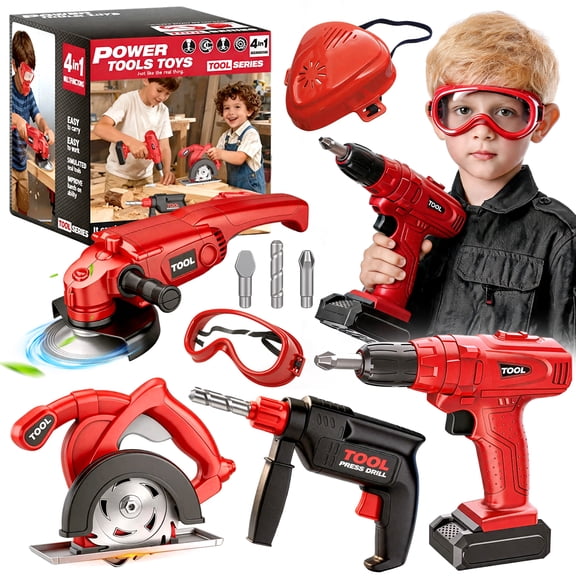 Chuvikid 4 in 1 Realistic Construction Tool Toy,Kids Tool Set with Drill,Dust Mask,Goggles,Tool Playset Gifts for Kids Ages 3-12 Years Old