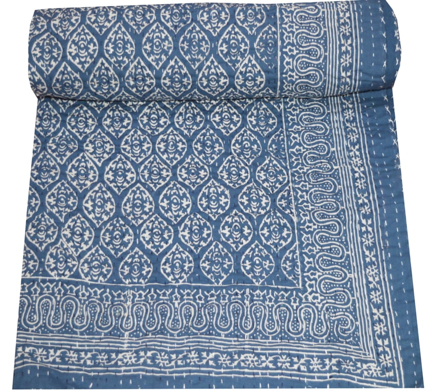Blue Hand Block Print Indian Kantha Quilt Kantha Bedspread Kantha ...
