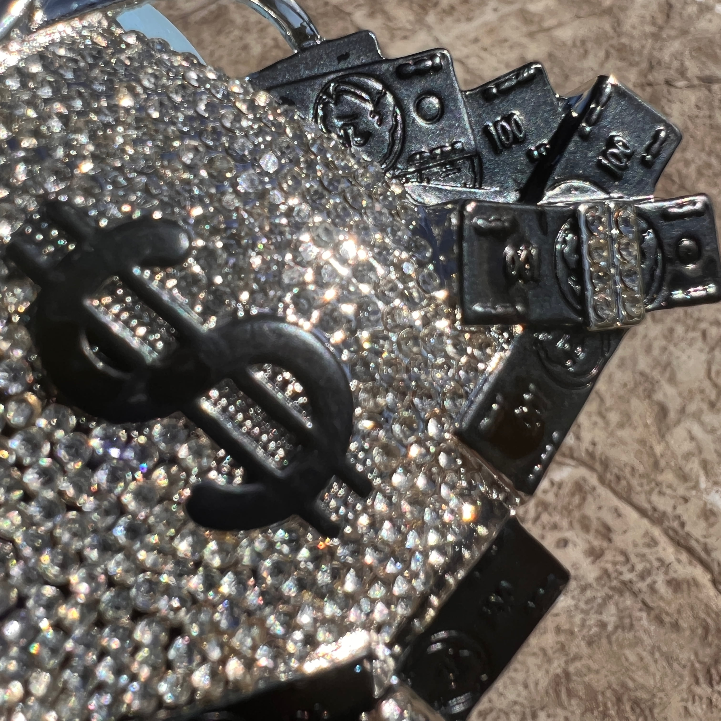 Men's Huge Money Bag Jumbo Hip Hop Pendant Iced Flooded Out Bling Black Bills Silver Tone Charm Medallion