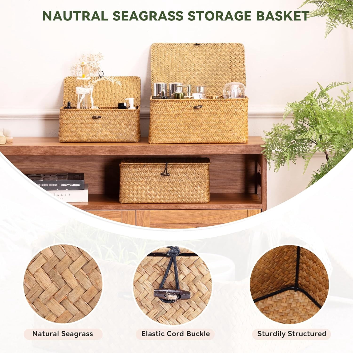 GoXteam Shelf Baskets with Lid Set of 3, Handwoven Seagrass Storage Bins Box Rectangular Seagrass Basket Storage Organizer Wicker Basket for Shelf