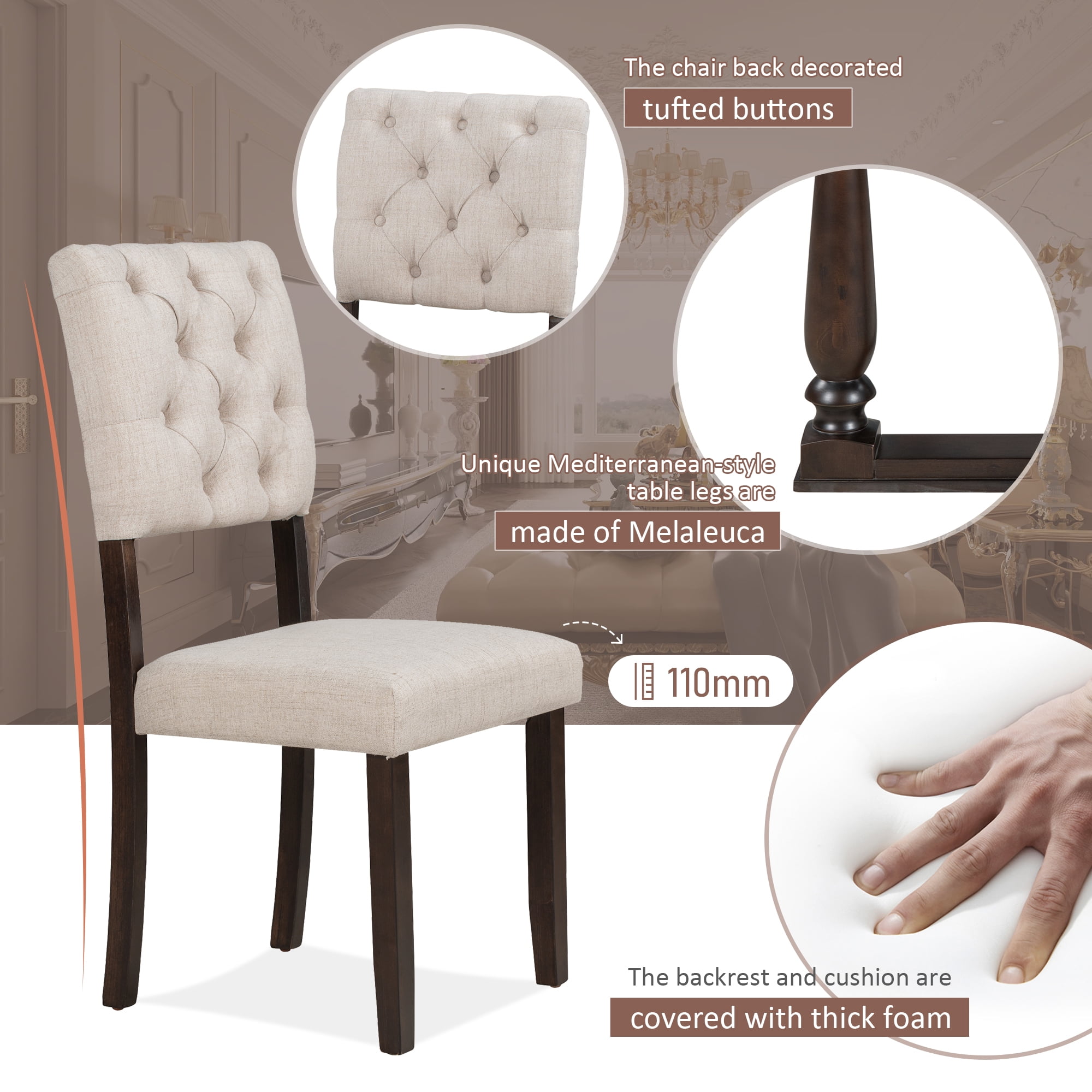 Howcool 6-Piece Dining Room Set, Special-Shaped Legs, Foam Covered Seat Backs & Cushions, Espresso