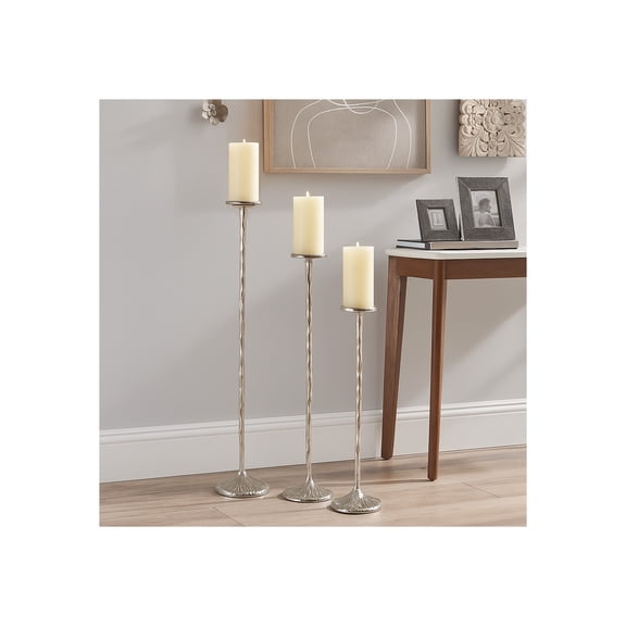 Elegant Metal Pillar Candle Holders for Home Decor - Tall Candlestick Holder for Entryway and Living Room, and Dining Table - Modern Sculpted Accent for Dining Room - Set of 3, 40", 32", 26", Silver