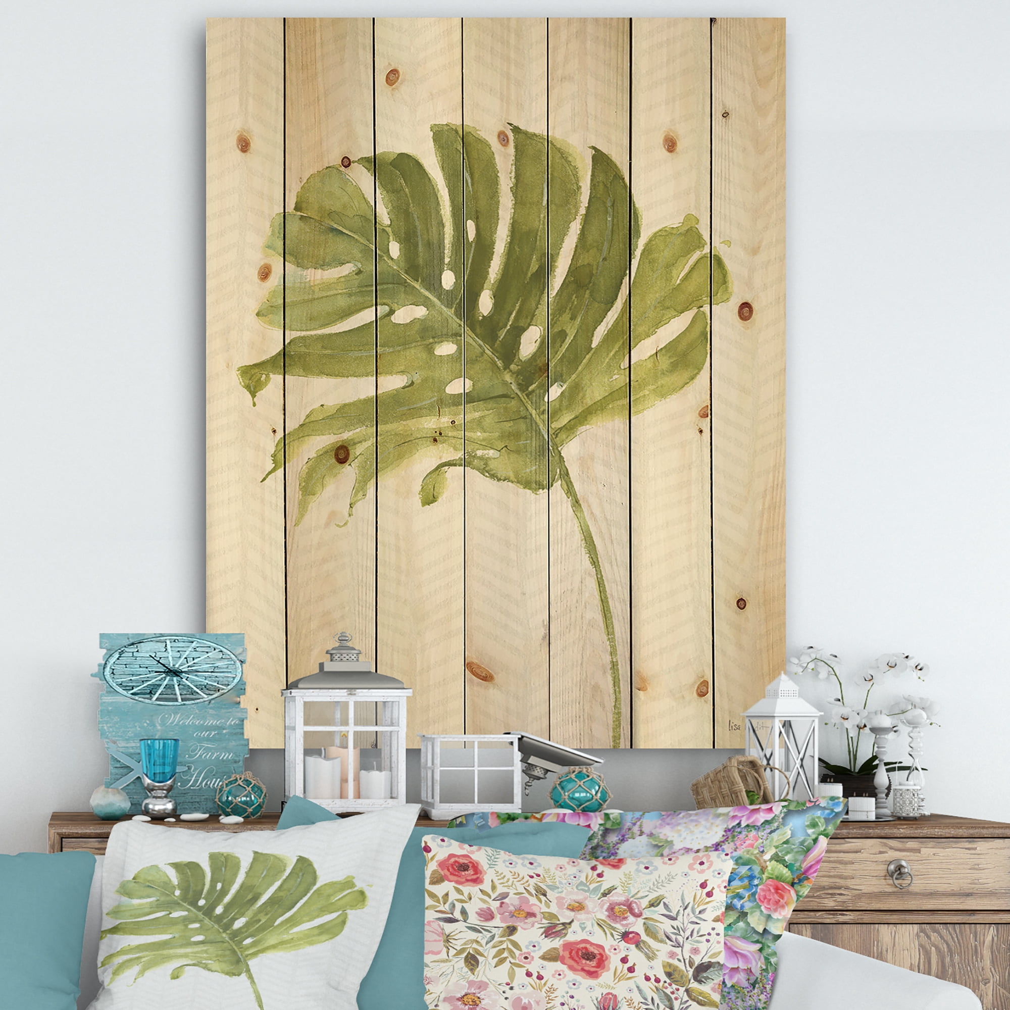 Designart 'Mixed Botanical Green Leaves VII' Cottage Print on Natural Pine Wood