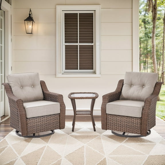 OPOHORO 3-Piece Patio Furniture Set with Outdoor Swivel Chairs and Cushions, Beige