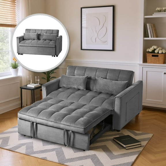 Gewnee 3 in 1 Convertible Sleeper Sofa Bed,Modern Pull Out Couch Bed,Adjustable Backrest,Velvet Loveseat Futon Sofa with Pillows & Pockets for Living Room Apartment.Dark Grey