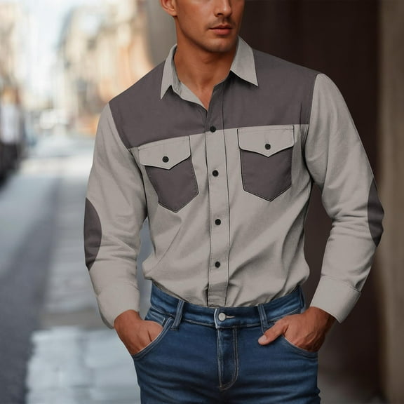Mens Big & Tall Shirts with Pockets Plus Size S-5X Long Sleeve Work Tshirts Shirt Button-Down Collared Vintage Color Block Cowboys Tops