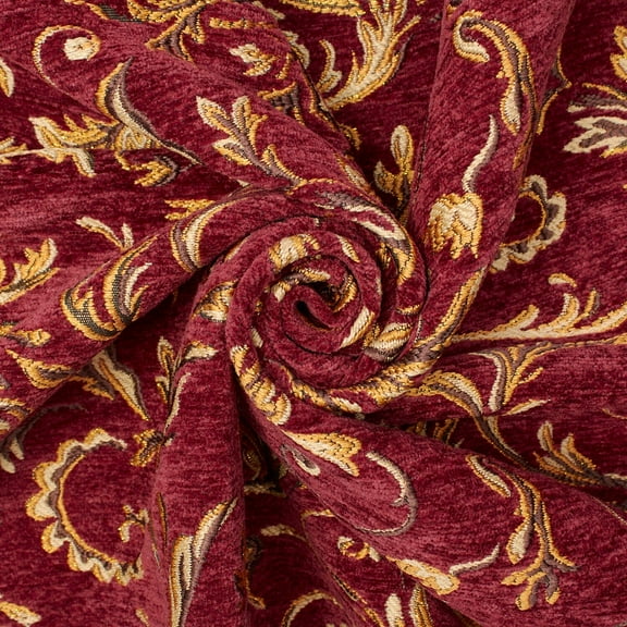 Floral Scroll Metallic Chenille 57" Heavyweight Upholstery Jacquard Polyester Fabric By The Yard (Burgundy / Gold, 1 Yard)