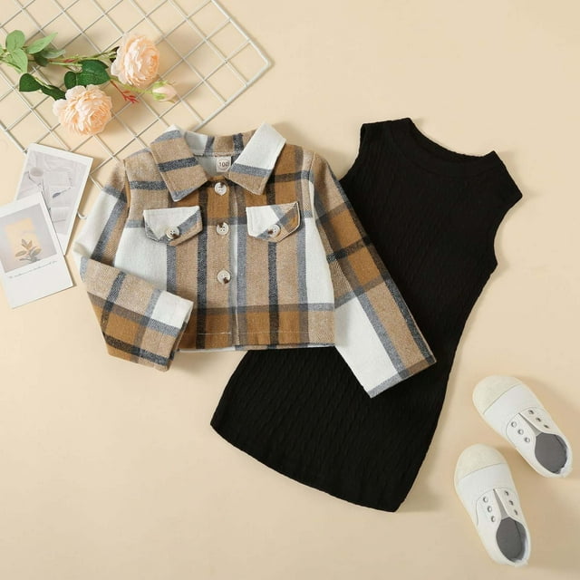 DPTALR Autumn And Winter Plaid Brushed Coat Knitted Dress Two-piece Girls' Suit