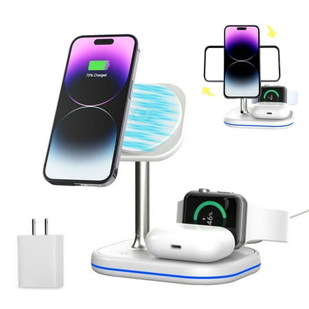AOKESI Wireless Charger with 18W Adapter 3 in 1 Fast Wireless Charging Station Foldable Mag-Safe Charger Fit for iPhone 15 14 13 12 11 Max Pro Max iWatch Ultra 2 AirPods 3/2 White