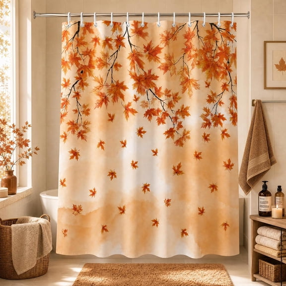 Horaldaily Fall Shower Curtain 72x72in, Watercolor Maple Leaves | Waterproof Fabric Shower Curtain Sets, for Bathroom, with 12 Hooks, Festival Decor
