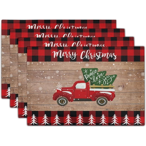 Merry Christmas Placemats Set of 4, Winter Snowflake Xmas Truck Table Mats, 12 x 18in Washable Heat Resistant Red Black Buffalo Plaid Place Mats Decorations for Kitchen Dining Table Party