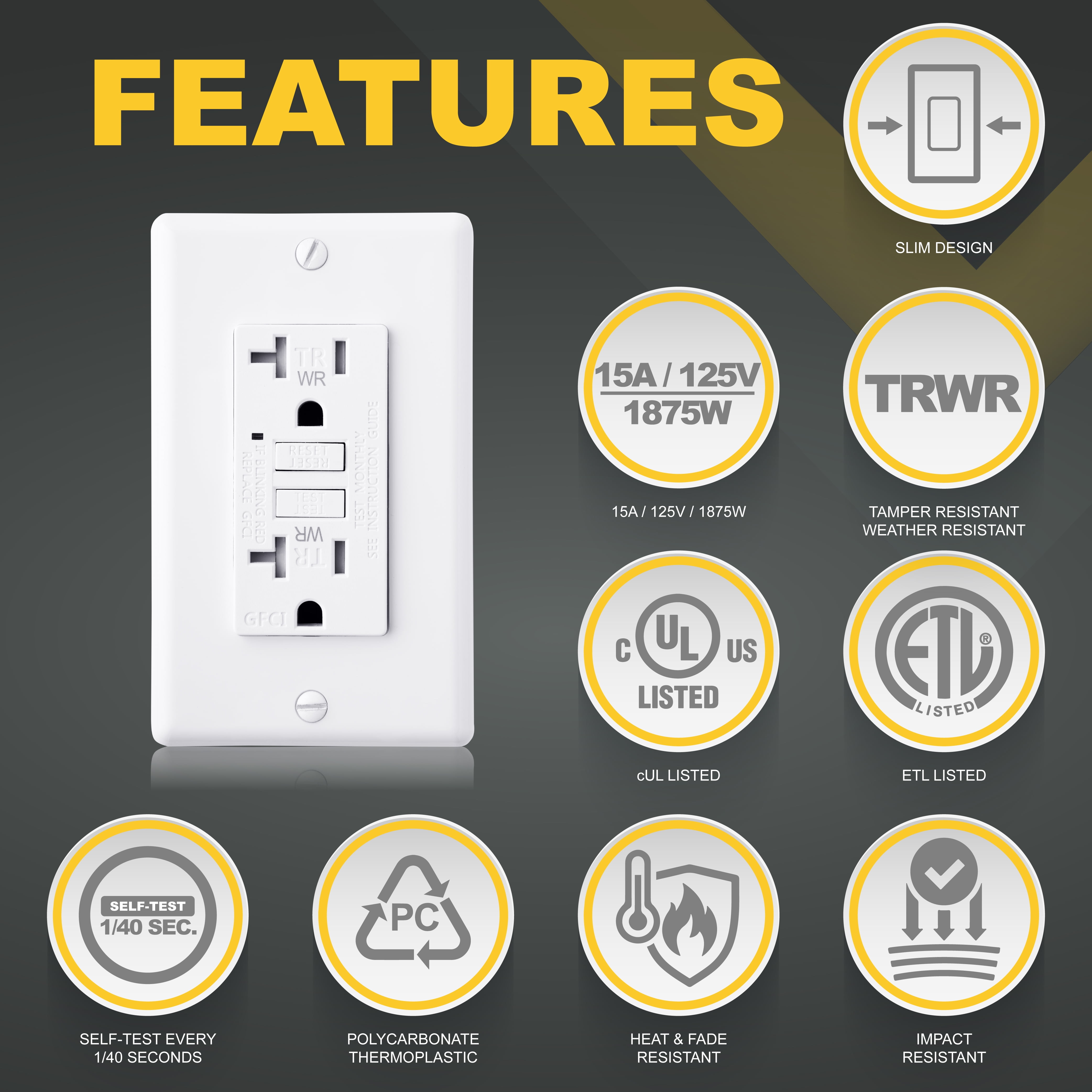 Faith [5-Pack] 20A Outdoor GFCI Outlets Slim, Weather and Tamper-Resistant GFI Duplex Receptacles, Self-Test WR TR Ground Fault Circuit Interrupter with Wall Plate, ETL Listed, White
