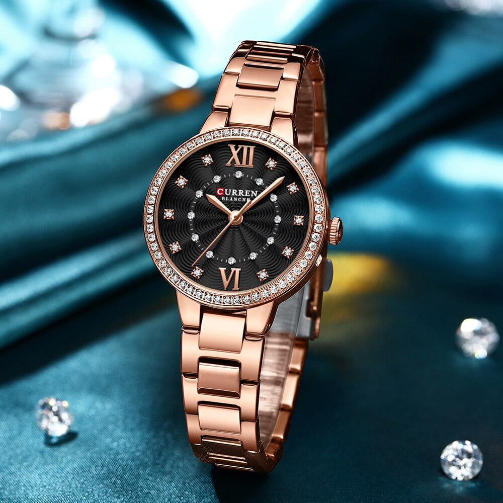 CURREN Luxury Quartz Watch For Women Rose Dial Fashion Rhinestones Wristwatch Stainless Steel Women's Watches Original Brand