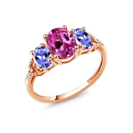 Rose Tanzanite Ring - 2.59 Ct Pink Created Sapphire Blue Tanzanite 10K Rose Gold Diamond Accent Ring
