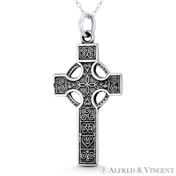 Celtic & Trinity Knot w/ Triskelion Irish Christian Cross 41x19mm (1.6x0.75in) Pendant & Chain Necklace in Oxidized .925 Sterling Silver