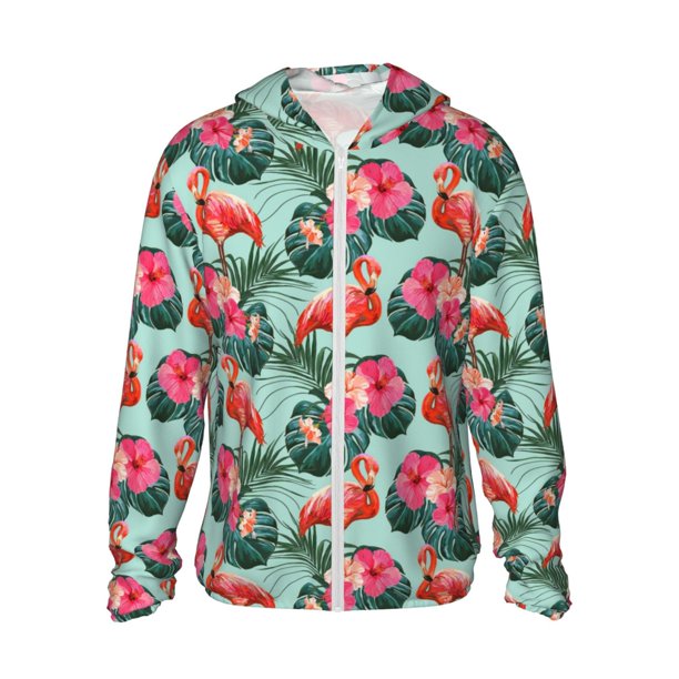 Balery Palm Leaves Flamingo Sudadera ligera de manga larga con capucha y protección solar UPF 50+ para hombre y mujer, ideal para pesca y running-X-Large