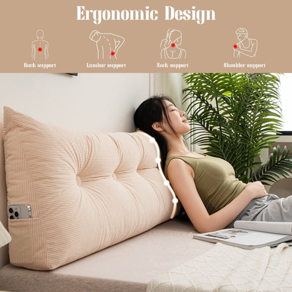 VEGCOO Triangular Headboard Pillow Twin XL for College Dorm - 39 *4.7 * 15.7 in Bed Wedge Backrest Cushion - Removable Washable Cover Bolster Pillow for Daybed & Reading - Cream White