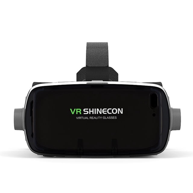 generación de gafas vr para smartphone casco de realidad virtual 3d de tela no tejida pcnon frente centrado de las gafas Shinecon VR en negro, tapa frontal con el logotipo "VR SHINECON", correas superiores ajustables de tela, carcasa de ABS con perillas laterales para ajuste de lentes y espacio frontal para insertar smartphone; dimensiones 20 x 20 x 10 cm, diseño ergonómico para uso prolongado, compatibles con teléfonos inteligentes y PC, y también adecuadas para ver contenido 360°.