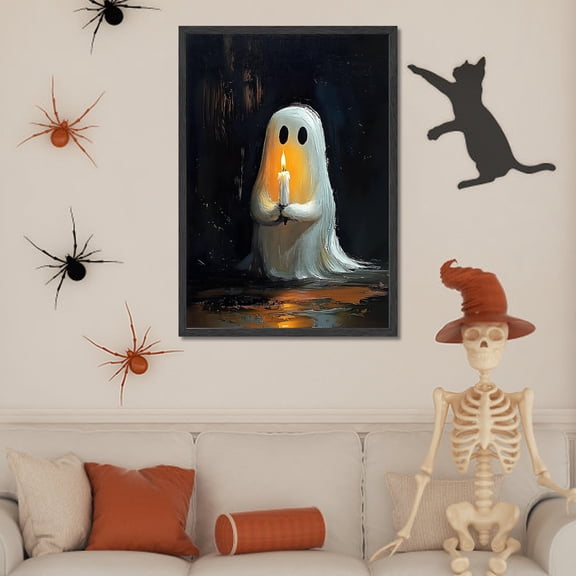 Appoft Cute Ghost Canvas Wall Art Halloween Decor Vintage Painting, Spooky Silhouette Ghost Holding Candle Haunted House Art, Bedroom Gothic Decor Ready to Hang, 12x16 Inch Unframed