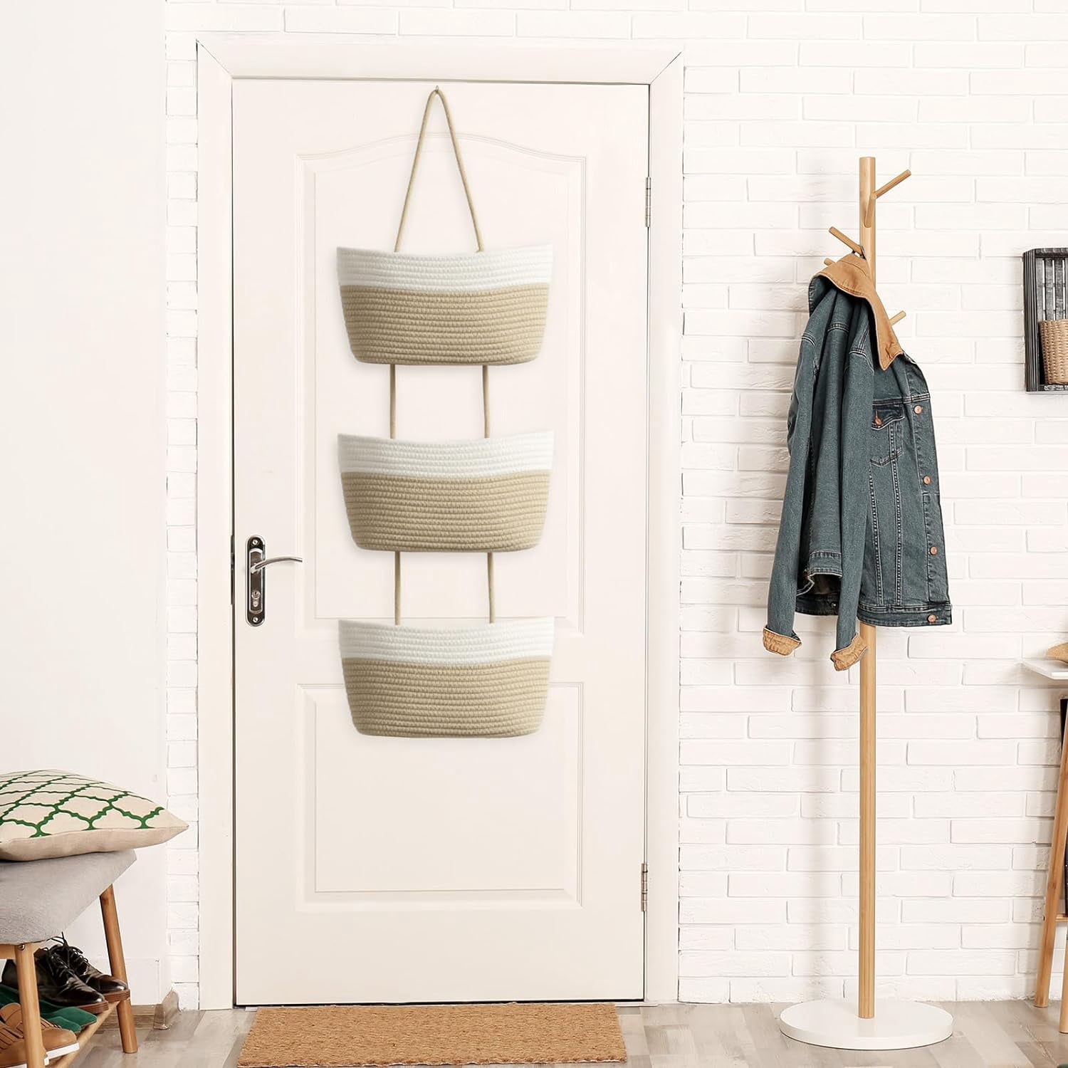 Over the Door Hanging Basket, 3-Tier Woven Cotton Wall-Mounted Storage Organizer Bag Decorative Hanging Nursery Baskets - Jute