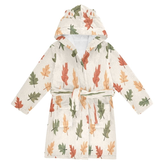 FORMRS Niños Bathrobe Unisex Hooded Robe Soft Plush Pajamas Sleepwear, Size 2-3T, Green Autumn Leaves