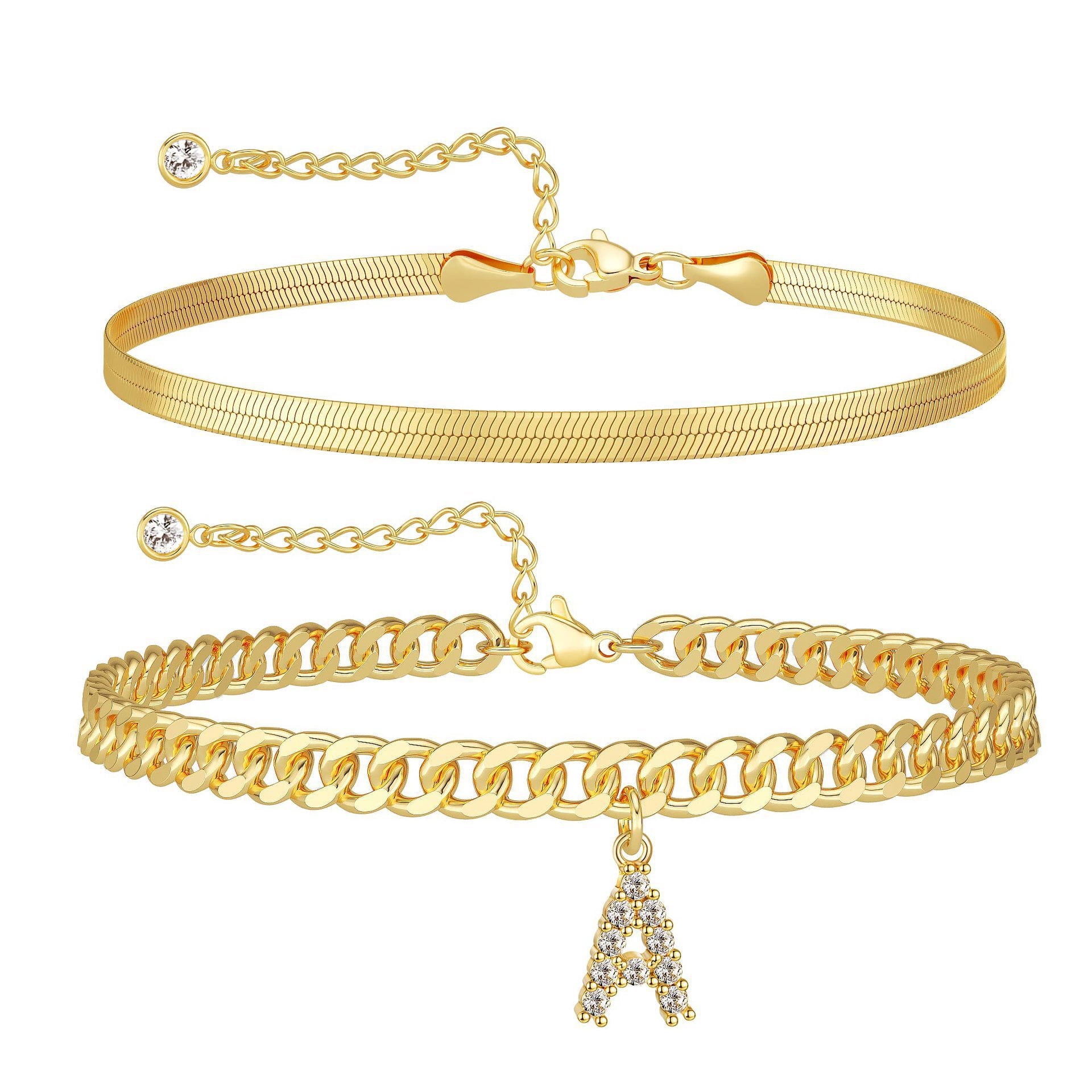 Terandius Multi-Layer Anklet Set – 14K Gold Plated CZ Letter Pendant Anklet, Cuban Chain and Snake Bone Chain, Summer Beach Accessory, Gift for Women