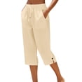thumbnail image 2 of HongQid Cotton Capri Pants Drawstring Elastic Waist Split Cuff Cropped Trousers Textured Side Pockets Lightweight Casual Bottoms for Women Summer, 2 of 5