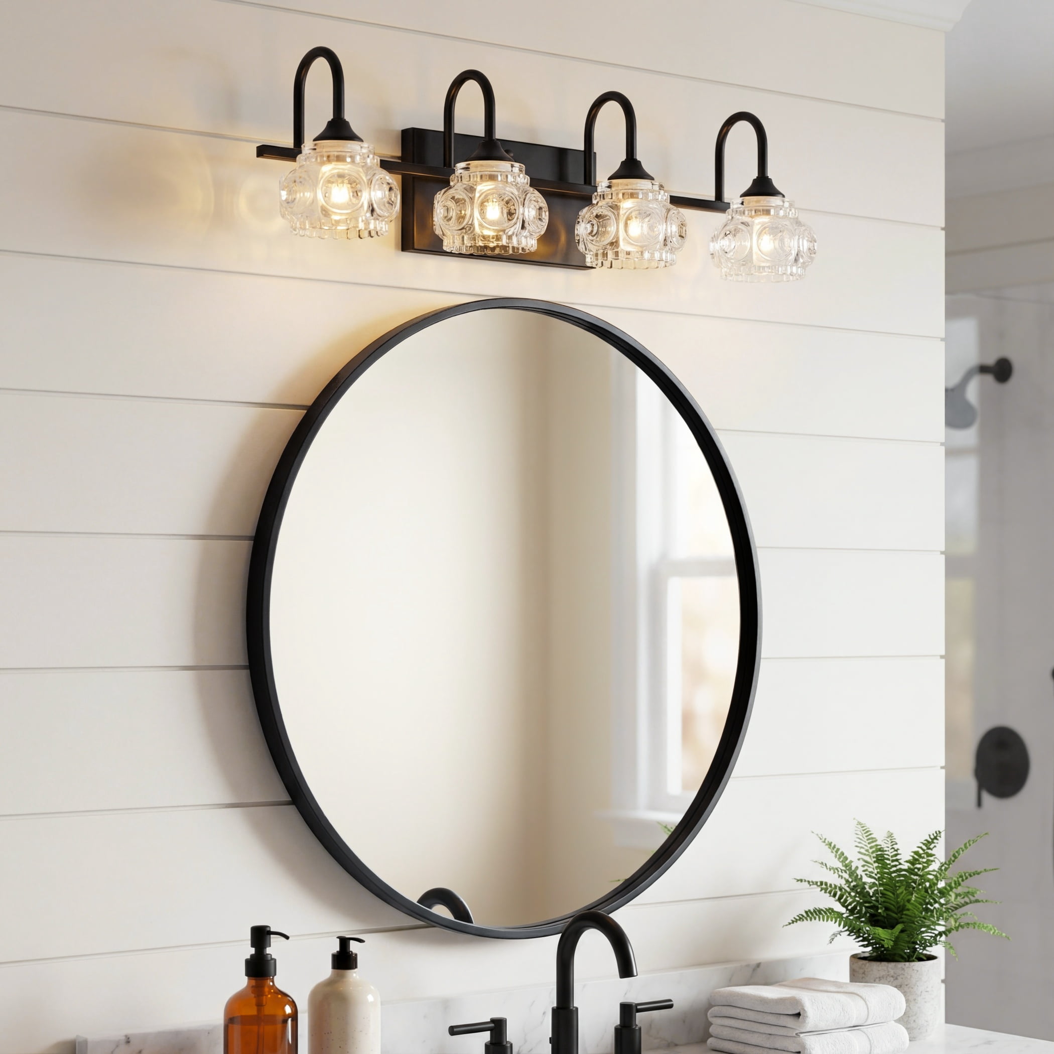 23" Retro 4-Light Bathroom Vanity Light Fixture, Black Bathroom Light with Crystal Glass Shades, Wall Mounted Bathroom Lighting Fixture Over Mirror, Vanity Light for Powder Room (Bulbs Not Included)