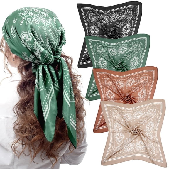 4 Pcs 27 inches Square Satin Head Scarves Satin Bandanas for Women Headband Scarves Silk Feeling Scarf Boho Headwear