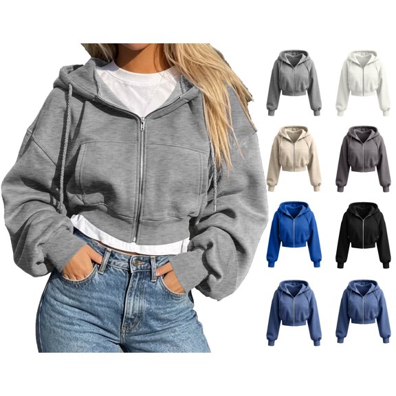 Lumosvexa Women's Zipper Hooded Jacket, Long Sleeve Lightweight Loose Fit Winter Casual Crop Jacket Gray L