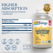 SOLARAY Magnesium Glycinate Capsules, Chelated Magnesium Bisglycinate w/BioPerine, Higher Absorption Magnesium Supplement - Bones, Muscles, Heart Support, Vegan, 60 Servings, 240 VegCaps