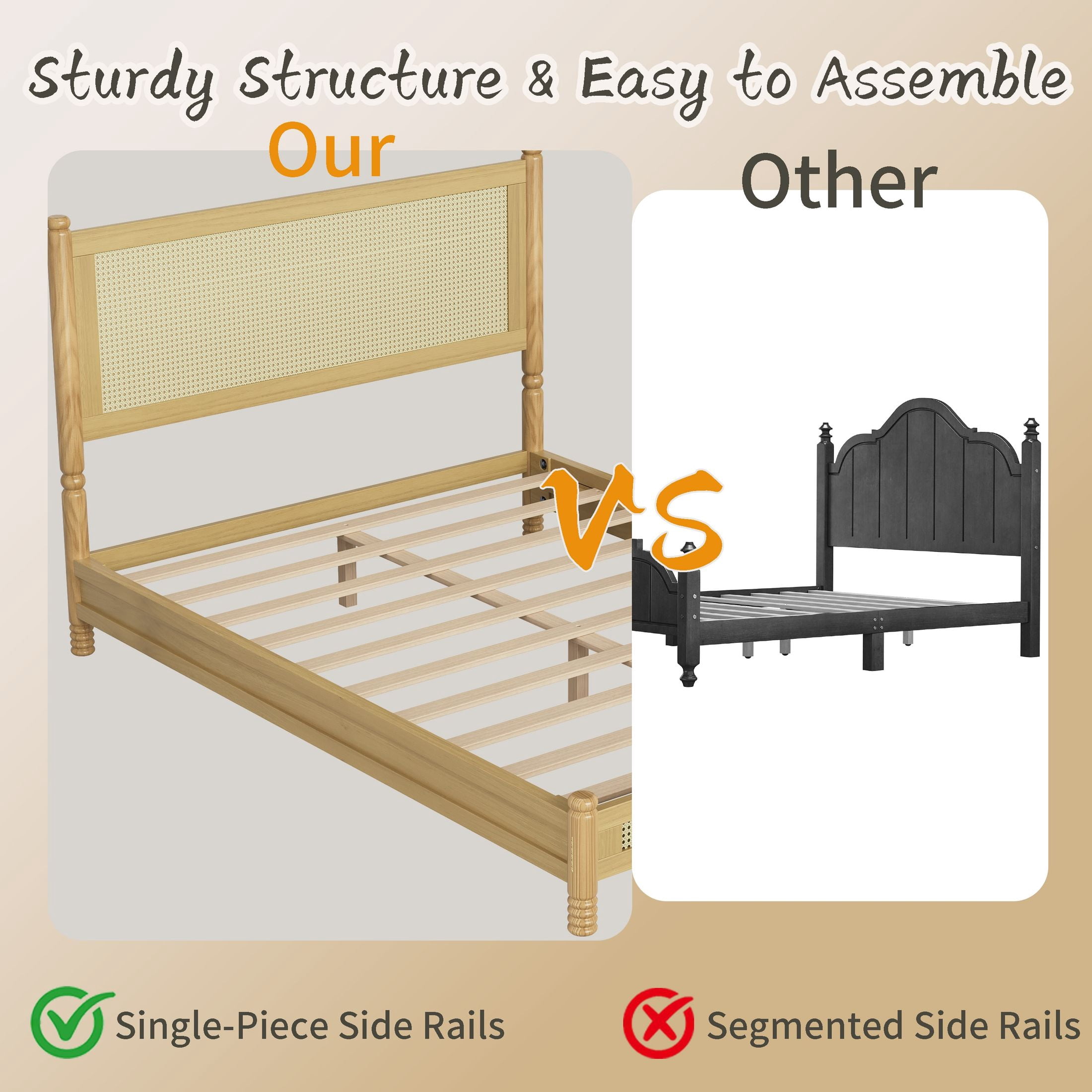 GDF Studio Annes Full Size Boho Rattan Platform Bed Frame with Turned Legs, Woven Cane Pine Wood Bed Frame, Natural