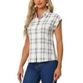 thumbnail image 4 of INSPIRE CHIC Women's Point Collar Short Cap Sleeves Plaids Button Down Shirt, 4 of 6