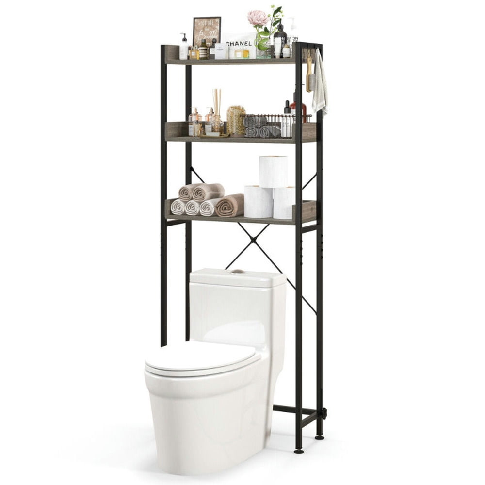 Finihen Toilet Storage Rack, Toilet Storage Shelf, Over The Toilet Storage Rack with Hooks and Adjustable Bottom Bar, for Bathroom, Gray