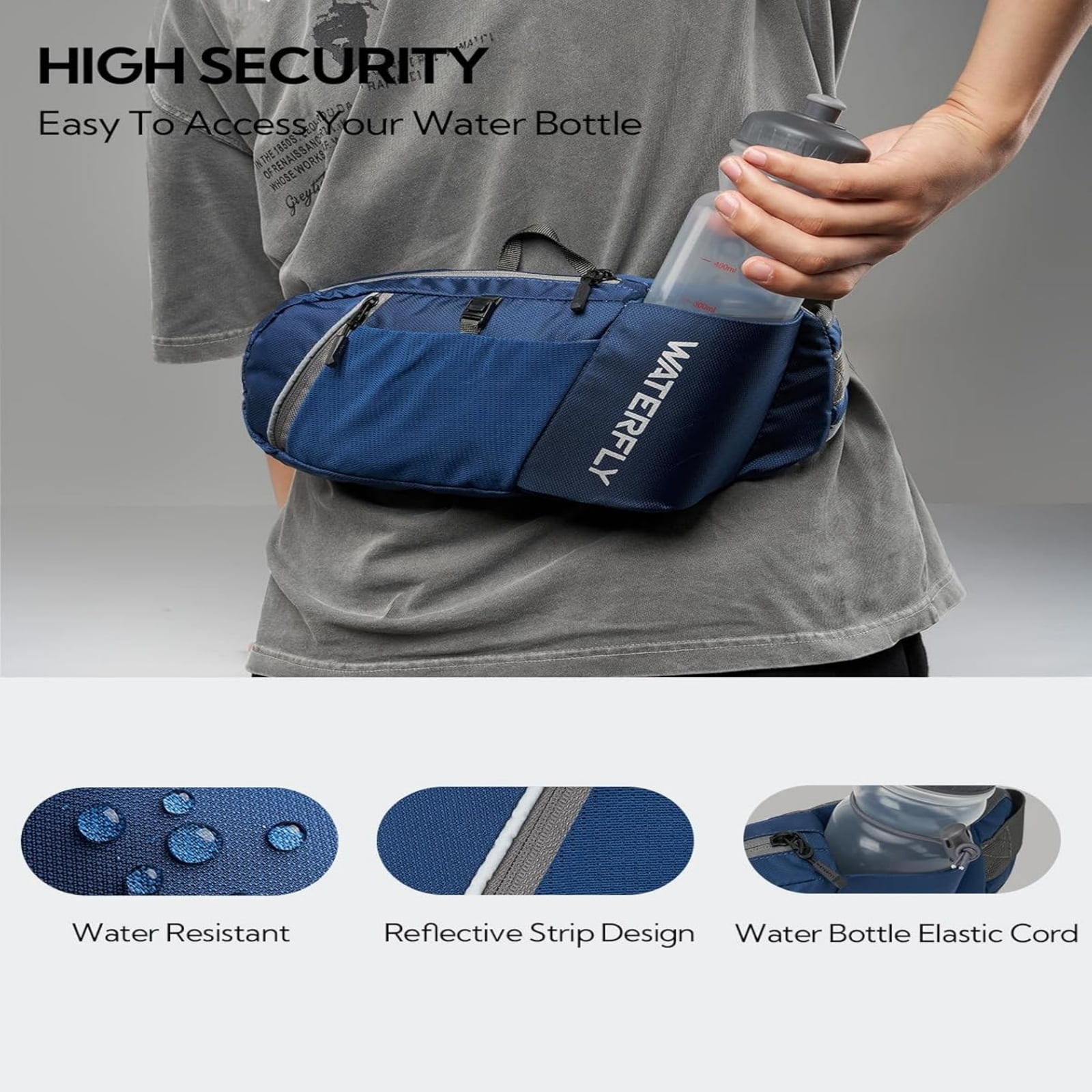 WATERFLY Unisex with Bottle Holder Running Walking Hiking Nylon Fanny Pack Waist Bag,,Blue