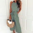 thumbnail image 2 of AGWOLF Sleeveless Jumpsuits for Women Summer Striped Crewneck Rompers Loose Fit Wide Leg Adjustable Waist Playsuit Green S, 2 of 7