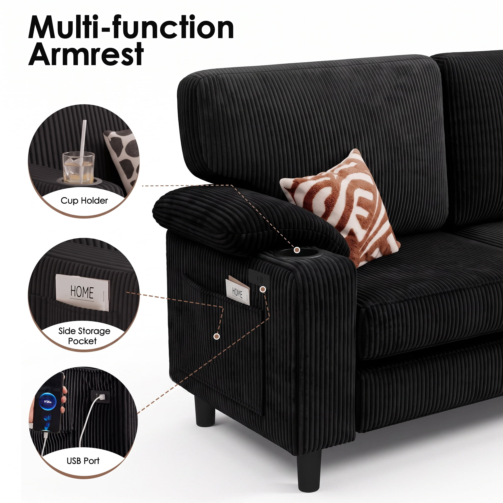 Anpport 80" L‑Shaped Corduroy Sectional Sofa, 3‑Seater Couch with Storage Ottoman, USB Port & Cup Holders for Small Spaces, Black