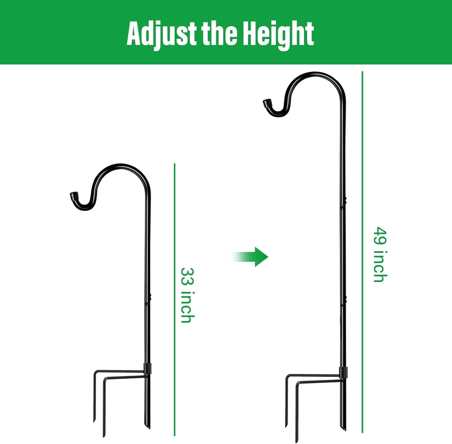 Shepherd Hooks 2 Pack Adjustable, 49 inches Tall, Premium Metal Garden Hook for Outdoor, Hanging Plant, Solar Lights, Lanterns, Bird Feeders, and Wedding Decor, 7013
