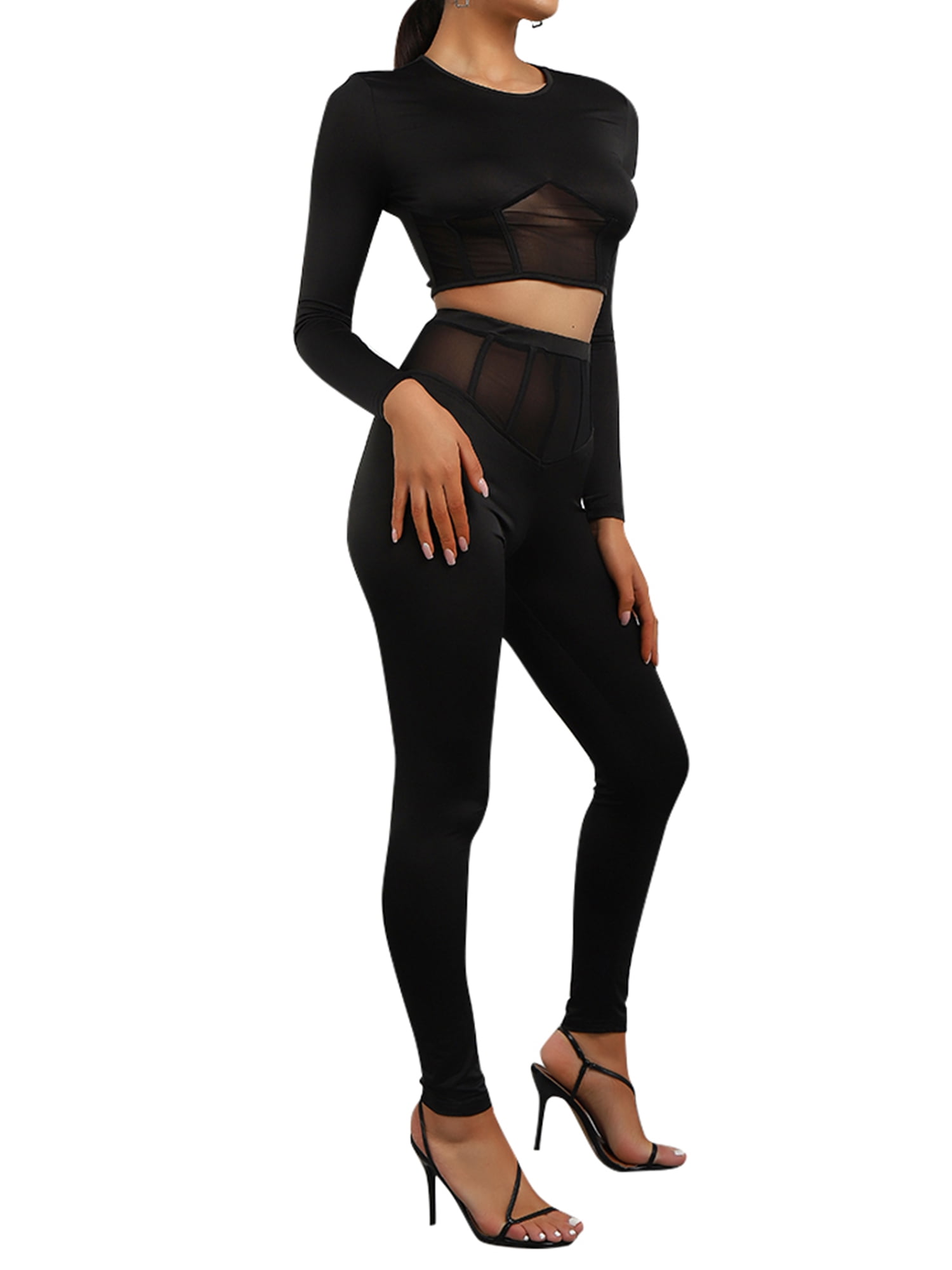 LAPA Women Sexy Sheer Mesh Two Piece Loungewear Sets Long Sleeve Crop