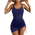 thumbnail image 3 of Women One-Piece Swim Dress Tummy Control Swimsuits Slimming Mesh Sheer Sarong Wraps Bathing Suit Navy Blue S, 3 of 9