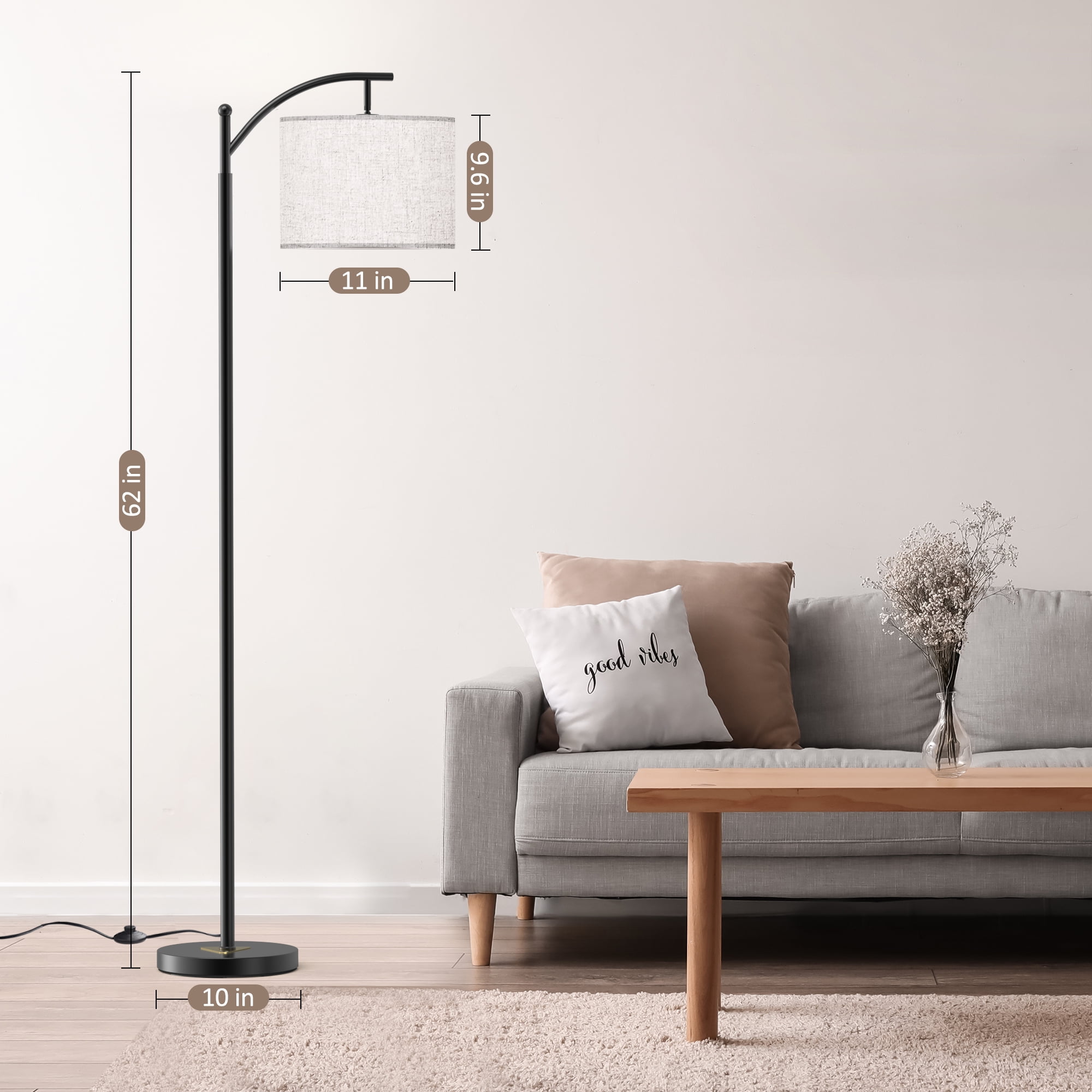 JURULU 62'' Arched/Arc Floor Lamp with Remote Control and Bulb Included,White Lampshade