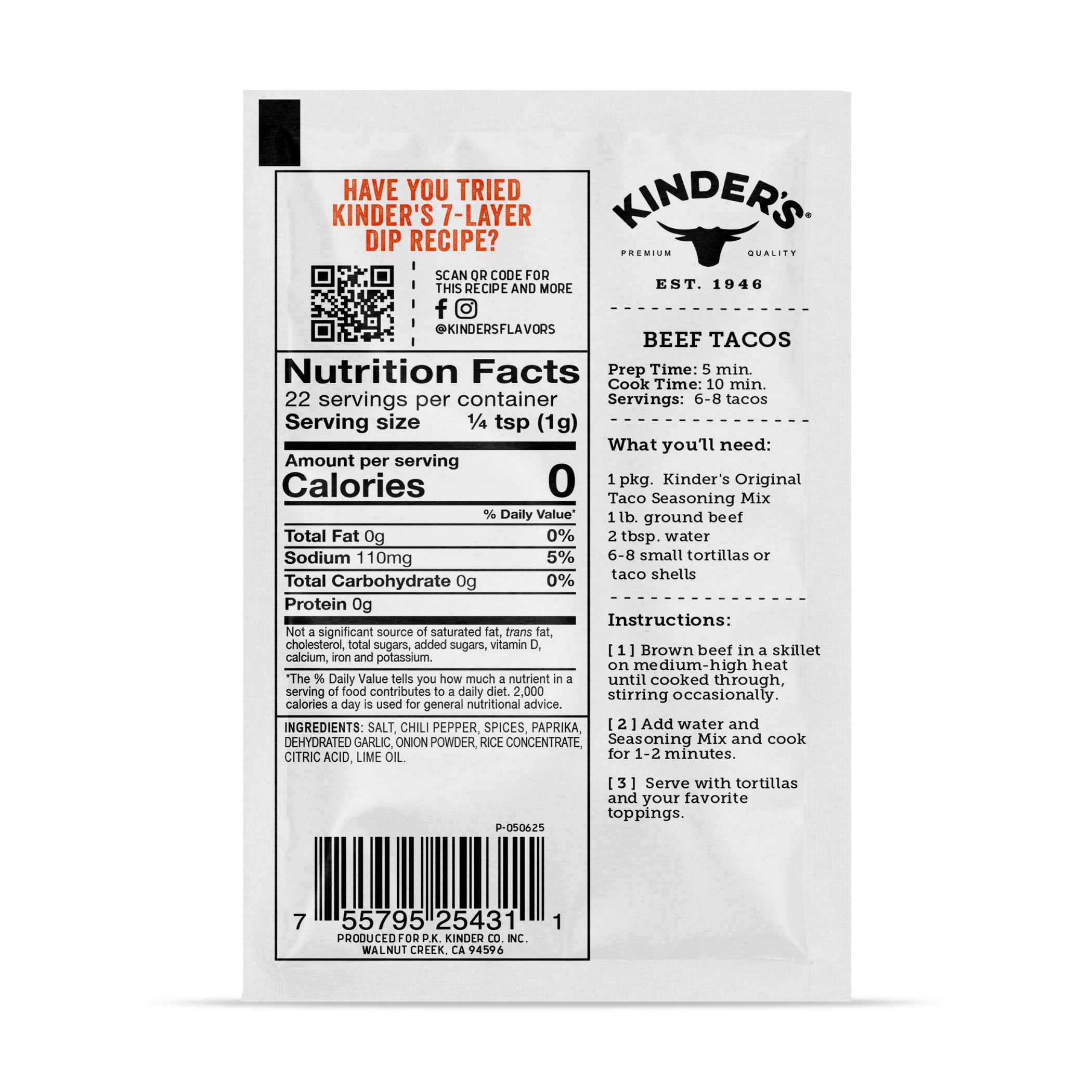 (7 pack) Kinder's Original Taco Seasoning Blend with Mild Chili, Garlic, and Lime, 0.8 oz Packet