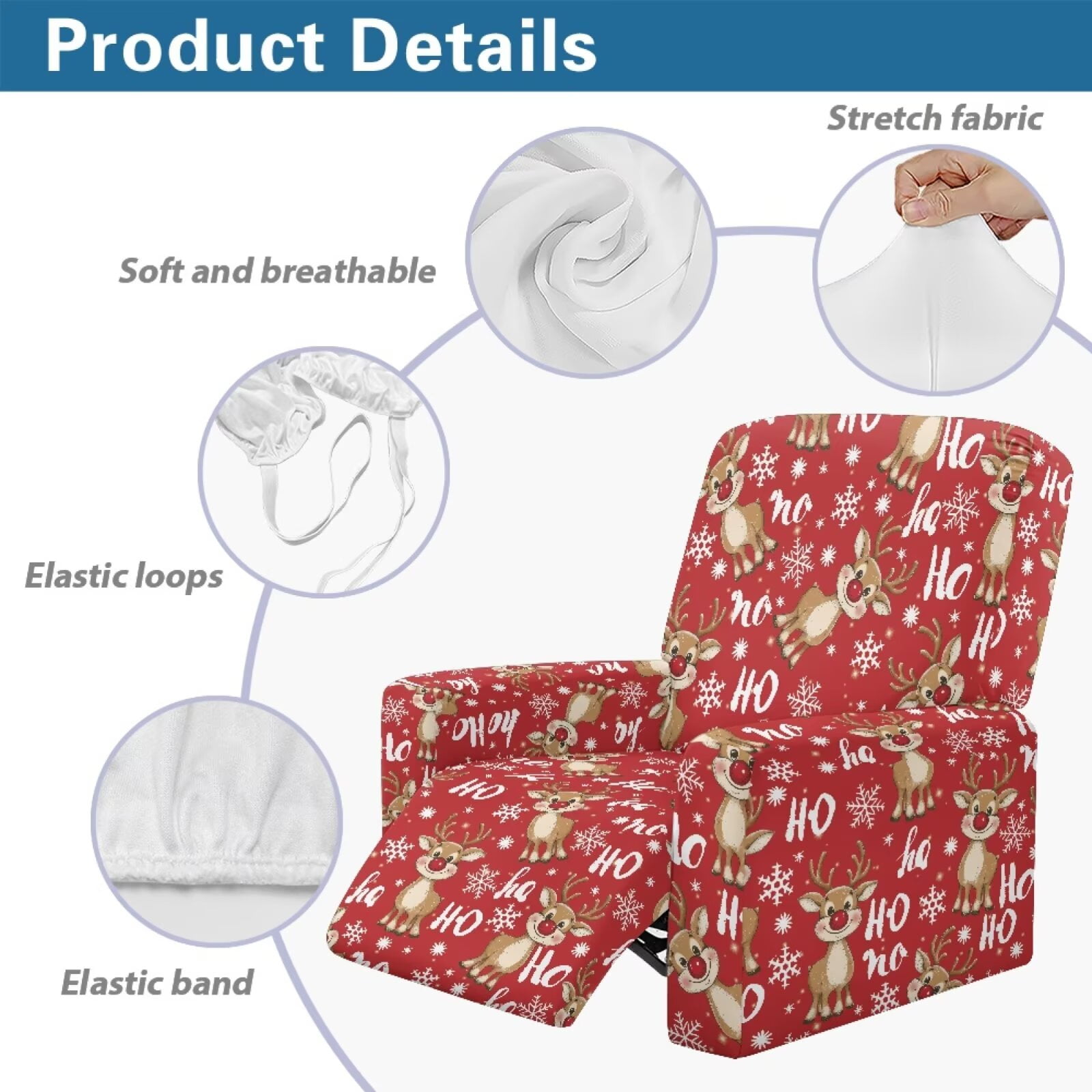 Yuyamidu Christmas Reclining Chair Covers 4 Pieces Reindeer Recliner Covers That Stay in Place Non Slip Lazyboy Covers Couch Chair Cover for Living Room Bedroom Home Decor