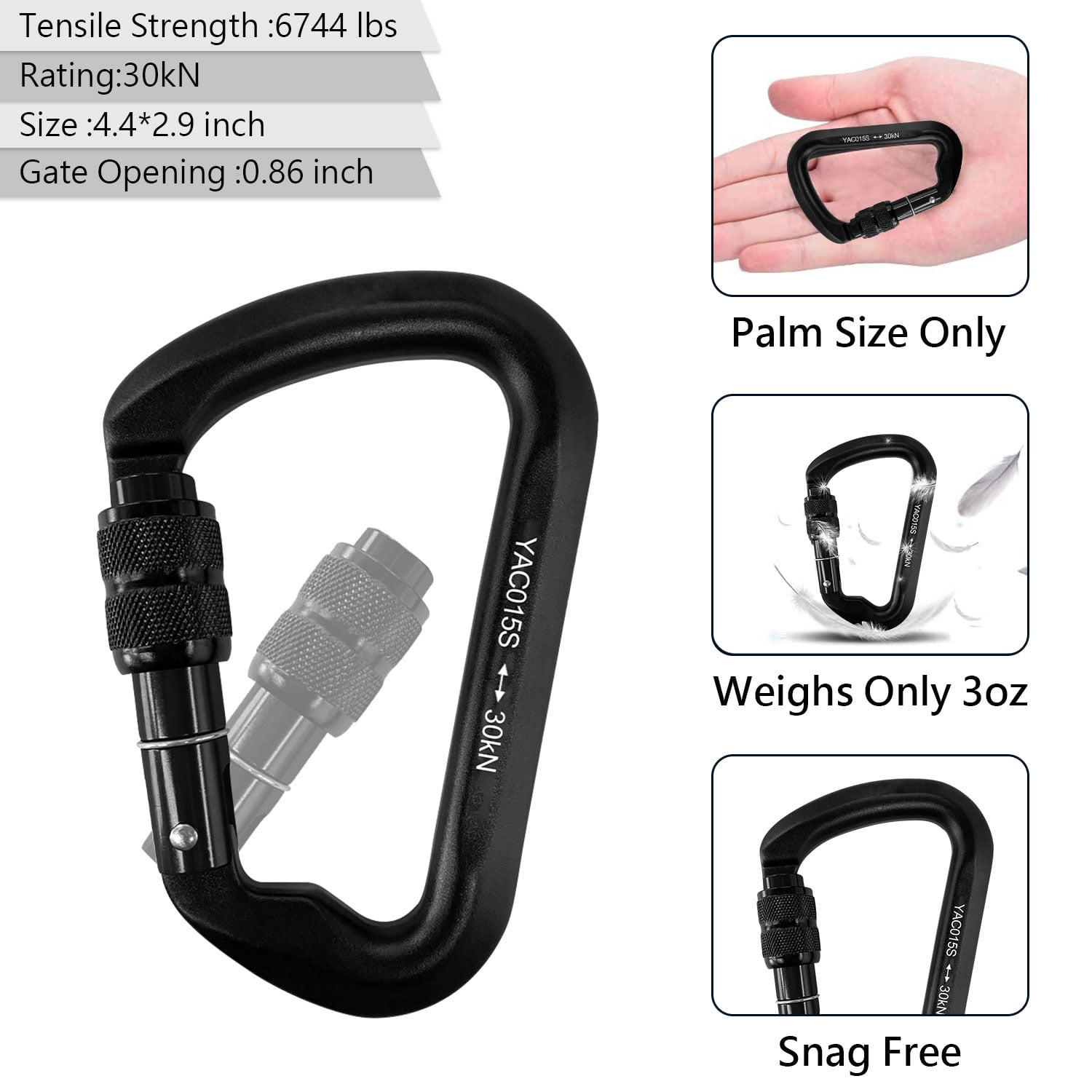 Aluminum Carabiner Clip, Heavy Duty Carabiners with Screw Gate 30kN D Ring Locking Carabiner for Hiking Camping Fishing and Outdoor Use(3 PCS)