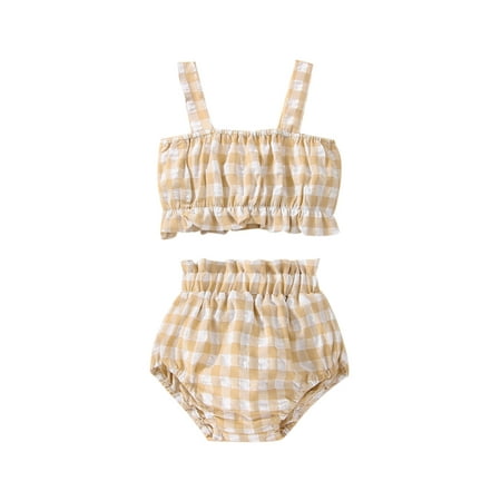 

Suanret Infants Baby Girl 2Pcs Suit Newborn Sleeveless Off Shoulder Neck Plaid Print Tops High Waist Plaid Shorts Trousers Khaki 6-12 Months